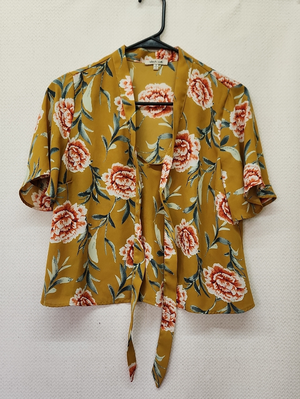 bleuh ciel Mustard Yellow Floral Tie-Front Blouse